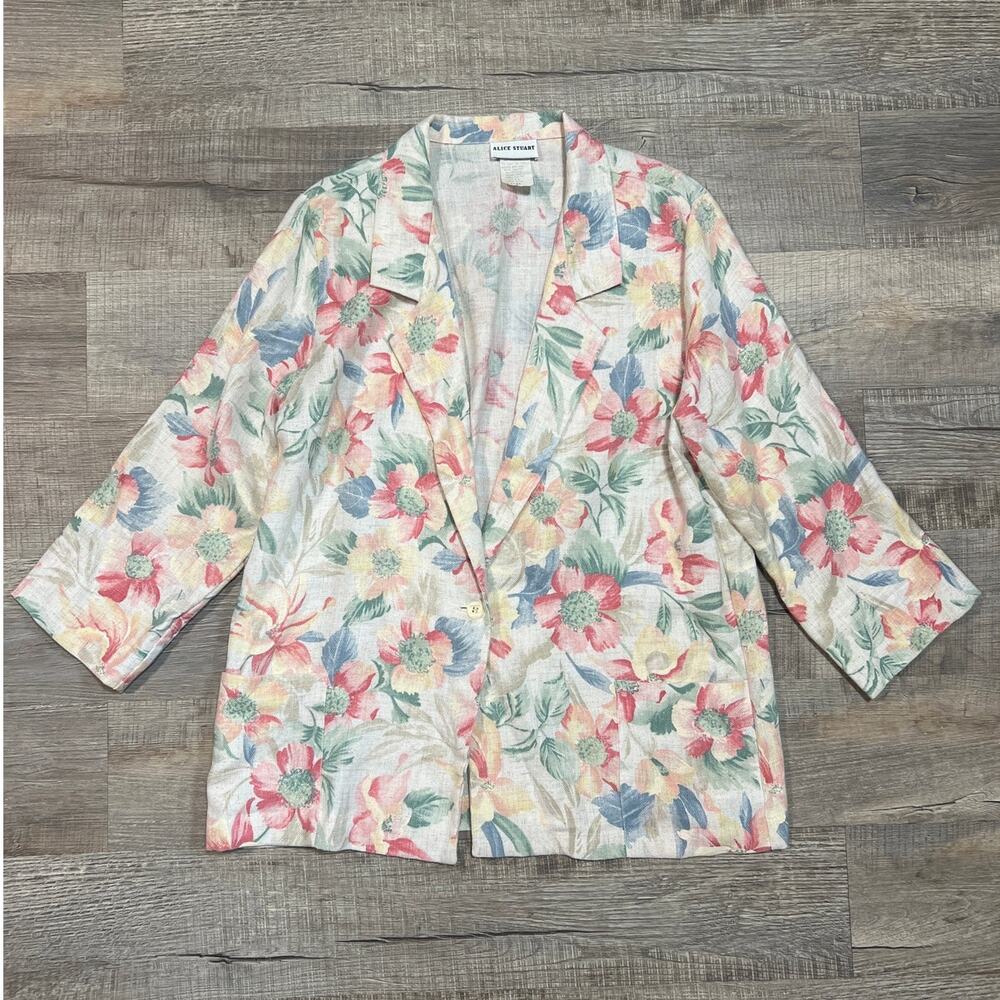 Alice Stuart Vintage 80s‎ Linen Blend Blazer Size Large Relaxed Fit Floral Fairy